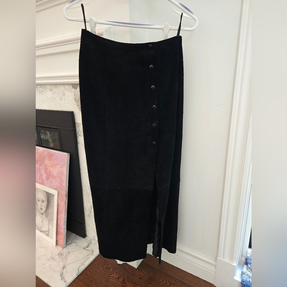 Sexy Elegant Very High Quality Ankle Length Black Suede Skirt